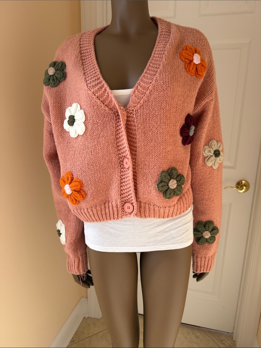 Embroidered Floral V-Neck Cardigan Sweater - Pink